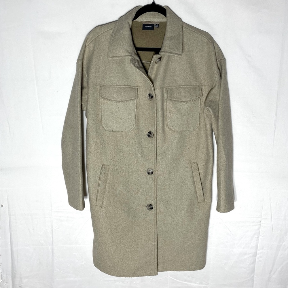 Vero Moda Camel Polyester Mid Thigh Button Front Shacket Shirt Jacket Coat M